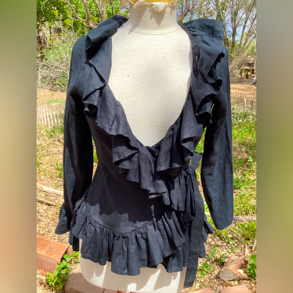 Anne Fontaine Black Ruffled Linen Wrap Around Top/ Jacket 40